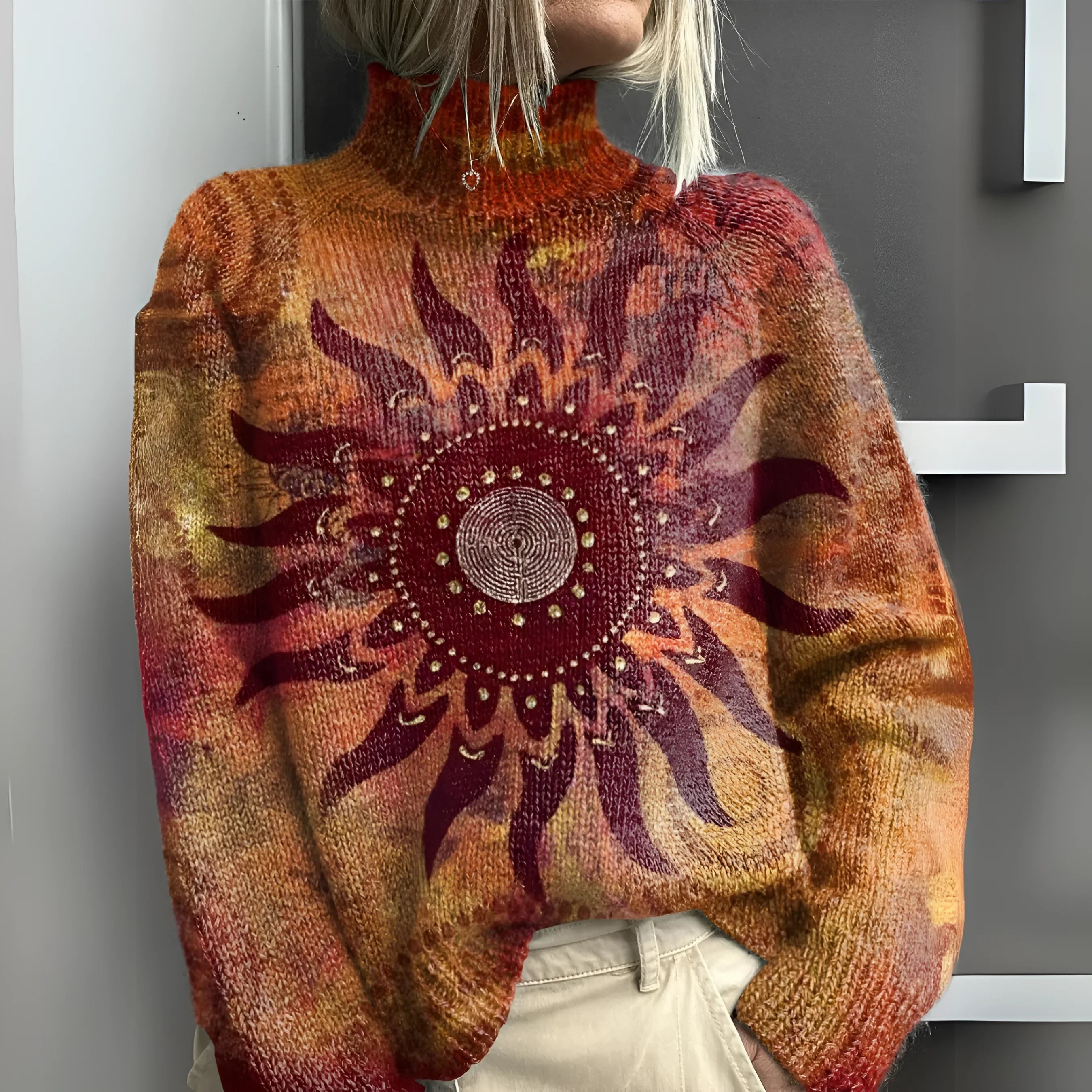 Eline - Warm Knitted Turtleneck with Tribal Sun Design